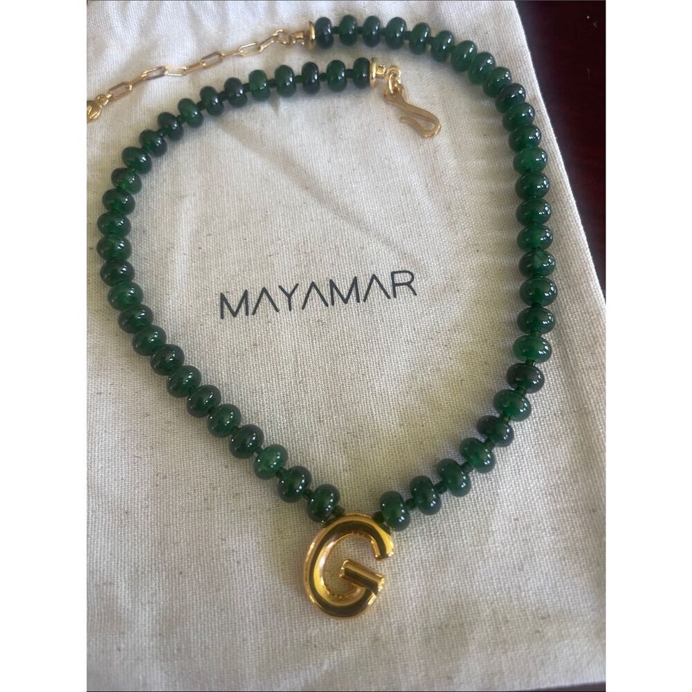 Mayamar Green Beaded Necklace with Gold 'G' Pendant (24k gold plated) - Picture 4 of 4